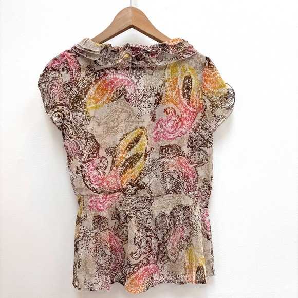 Sunny Leigh Y2K Sheer Crinkle Chiffon Ruffle Peplum Top Paisley Cream Multi PL - Picture 3 of 10